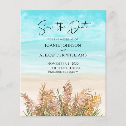 Budget Pampas Grass Beach Hochzeit Save the Date (Vorderseite)