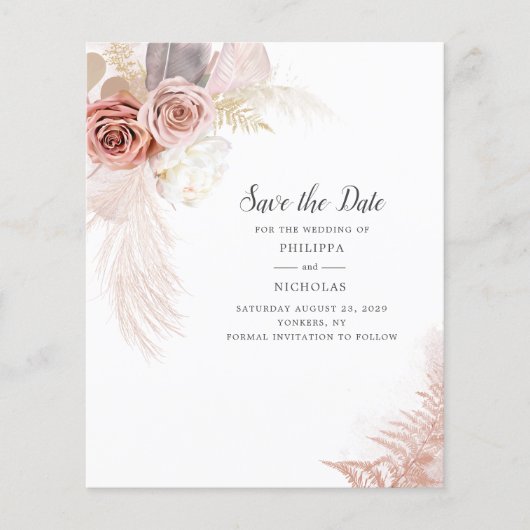 Budget Pampas Grass Floral Script Save the Date (Vorderseite)
