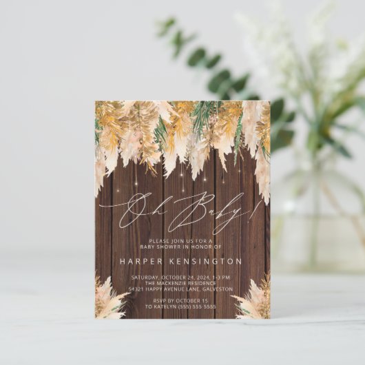 Budget Pampas Grass Wood Baby Dusche Einladung (Stehend Vorderseite)