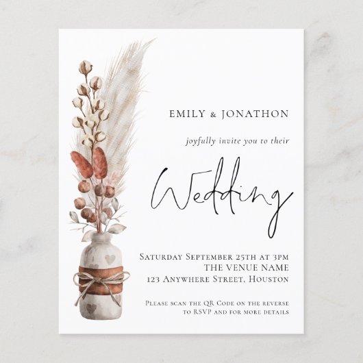 Budget Pampas Grasses QR Code Einladung Hochzeitsf (Vorderseite)