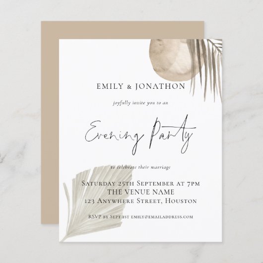 Budget Pampas Script Wedding Abend Party Einladung (Vorne/Hinten)