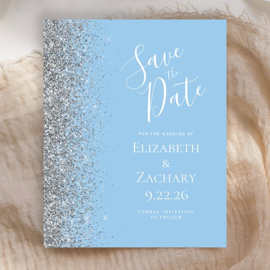 Budget Pastel Blue Silver Glitzer Save the Date