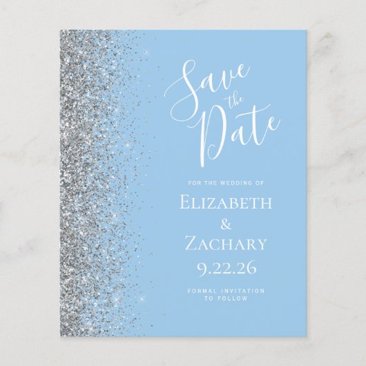 Budget Pastel Blue Silver Glitzer Save the Date (Vorderseite)