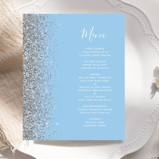 Budget Pastel Blue Silver Glitzer Wedding Menu