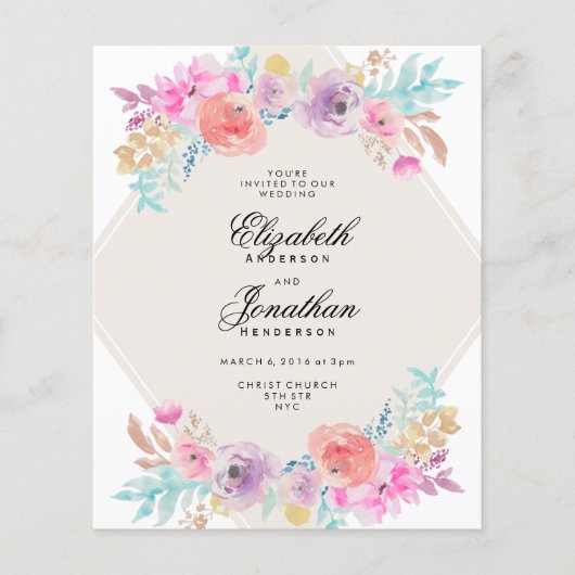 Budget Pastel Watercolor Flowers Wedding Invite Flyer (Vorne)