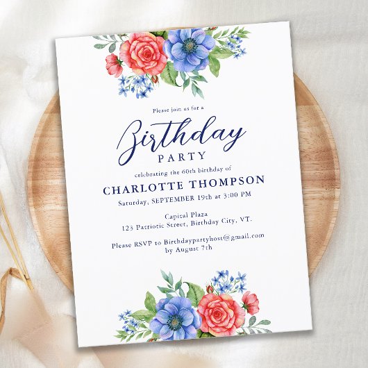 Budget Patriotic Floral Red Blue Birthday Einladun Postkarte
