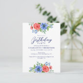 Budget Patriotic Floral Red Blue Birthday Einladun Postkarte (Stehend Vorderseite)