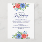 Budget Patriotic Floral Red Blue Birthday Einladun Postkarte (Vorderseite)