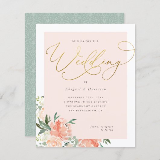Budget Peach Blush & Gold Script Blues Hochzeit (Vorne/Hinten)