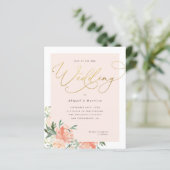 Budget Peach Blush & Gold Script Blues Hochzeit (Stehend Vorderseite)