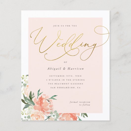 Budget Peach Blush & Gold Script Blues Hochzeit (Vorderseite)