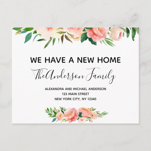 Budget Peach Coral Floral Moving Announction Post Postkarte (Vorderseite)