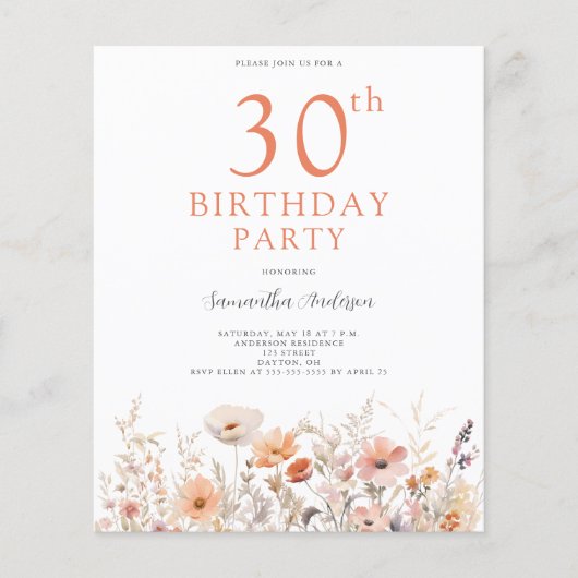 Budget Peach Floral 30. Geburtstag Einladung Flyer (Vorne)