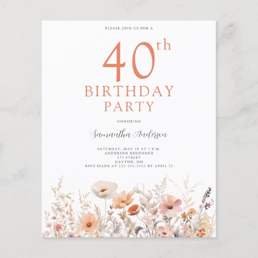 Budget Peach Floral 40. Geburtstag Einladung Flyer (Vorne)