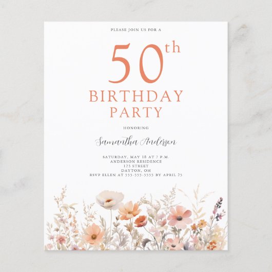 Budget Peach Floral 50. Geburtstag Einladung Flyer (Vorne)
