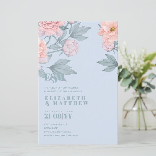 Budget Peach floral Dusty Blue Sage Leaf Hochzeit (Stehend Vorderseite)