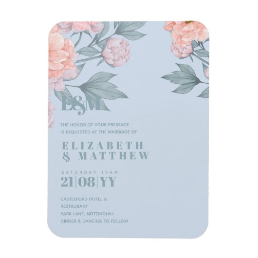 Budget Peach floral Dusty Blue Sage Leaf Hochzeit Magnet (Vertikal)