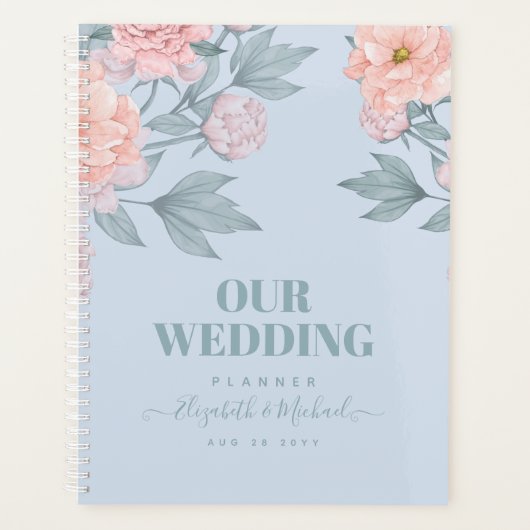 Budget Peach floral Dusty Blue Sage Leaf Hochzeit Planer (Vorderseite)