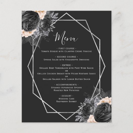 Budget Peach Floral Silver Geo Black Wedding Menü (Vorderseite)