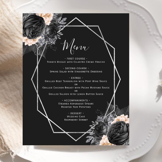 Budget Peach Floral Silver Geo Black Wedding Menü