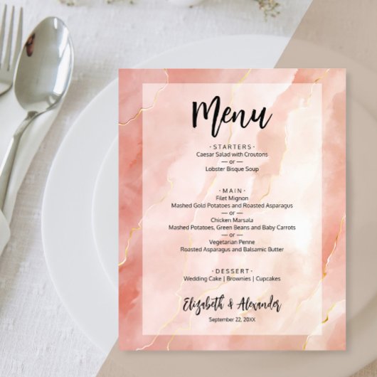 Budget Peach Gold Marmor Wedding Menü