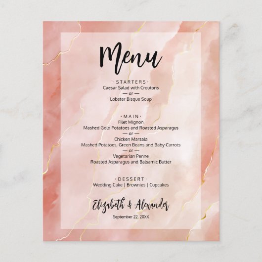 Budget Peach Gold Marmor Wedding Menü (Vorne)