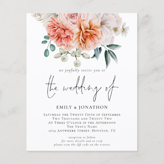 Budget Peach Peonies Floral QR Code Hochzeit einla (Vorderseite)