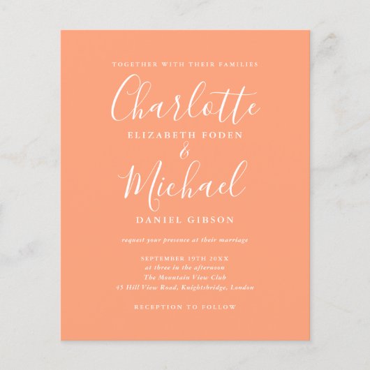 Budget Peach Script Photo Wedding Invitation (Vorderseite)