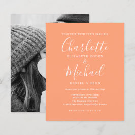 Budget Peach Script Photo Wedding Invitation