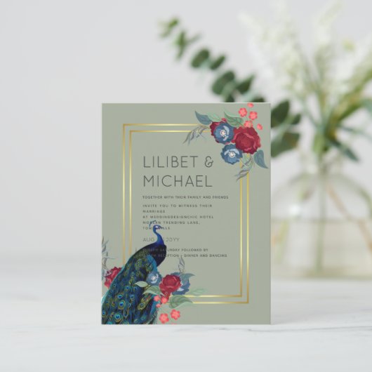 BUDGET Peacock Blue Burgundy Winter Hochzeit im He Postkarte (Stehend Vorderseite)