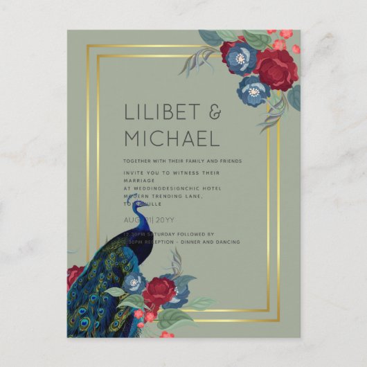 BUDGET Peacock Blue Burgundy Winter Hochzeit im He Postkarte (Vorderseite)