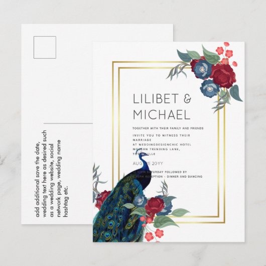 BUDGET Peacock Blue Burgundy Winter Hochzeit im He Postkarte (Vorne/Hinten)