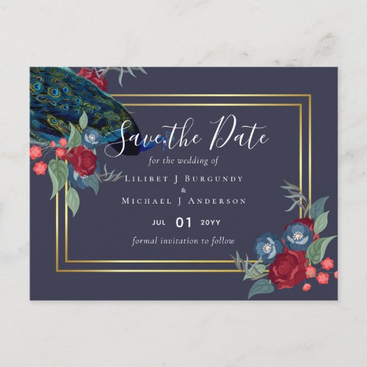 BUDGET Peacock Blue Burgundy Winter Hochzeit im He Postkarte (Vorderseite)