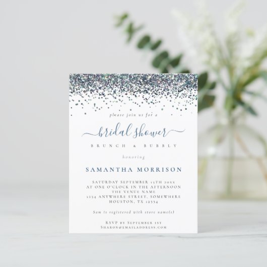 Budget Peacock Blue Glitzer Brautparty Einladung (Stehend Vorderseite)