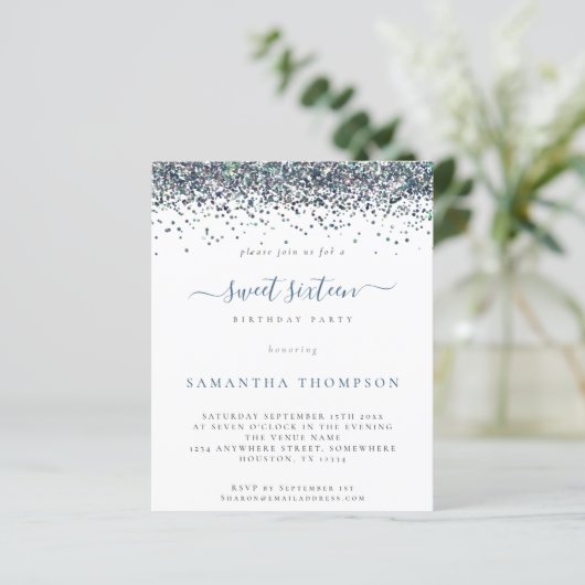 Budget Peacock Blue Glitzer Sweet 16 Einladung (Stehend Vorderseite)