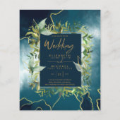 BUDGET Peacock Blue Gold Greenery Wedding Einladun (Vorderseite)