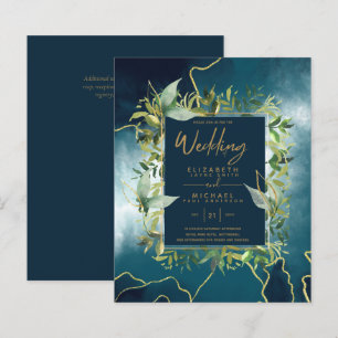 BUDGET Peacock Blue Gold Greenery Wedding Einladun