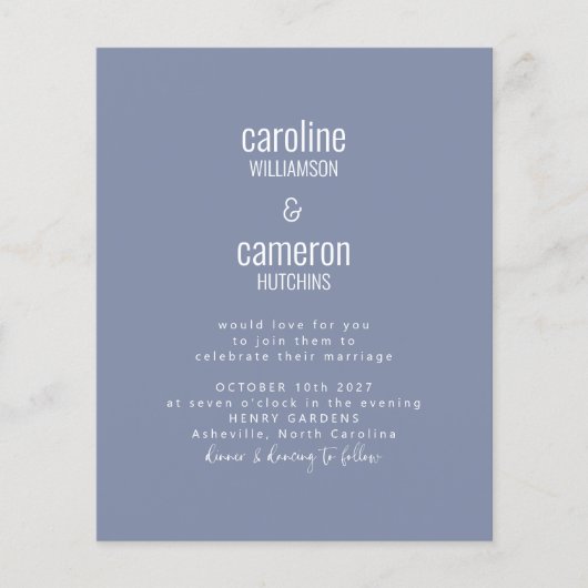 Budget Periwinkle Moderne Typografie Hochzeit (Vorderseite)