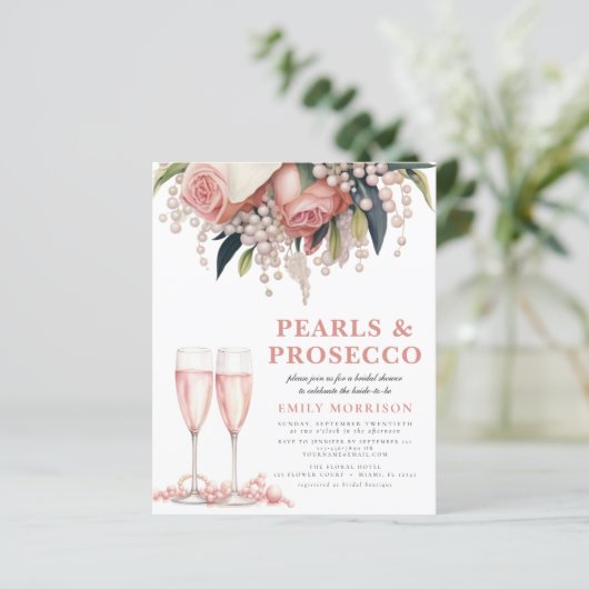 Budget Perlen & Prosecco Bridal Dusche Einladung (Stehend Vorderseite)