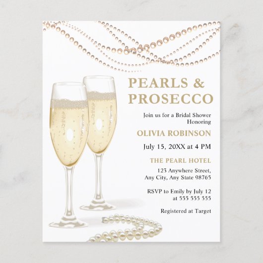 Budget Perlen & Prosecco Bridal Dusche Einladung Flyer (Vorne)