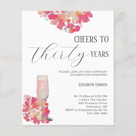 Budget Petals & Prosecco 30. Geburtstag Blumenrosa (Vorderseite)