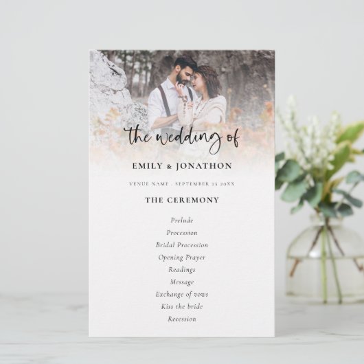 Budget Photo Modern Script Wedding Program (Stehend Vorderseite)