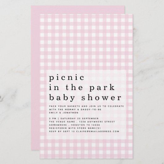 Budget Picnic Park Baby Dusche Pink Gingham Einlad (Vorne/Hinten)