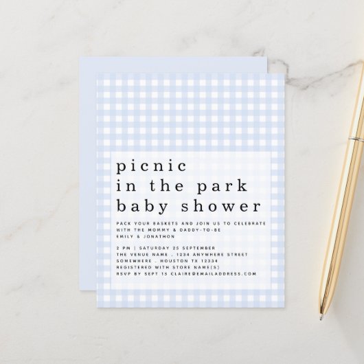Budget Picnic Park Baby Shower Blue Gingham laden (Vorderseite/Rückseite Beispiel)