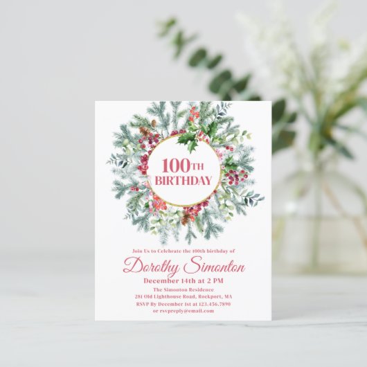 Budget Pine Holly Berry 100th Birthday Einladung (Stehend Vorderseite)