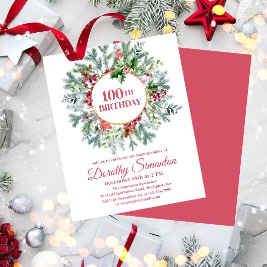 Budget Pine Holly Berry 100th Birthday Einladung