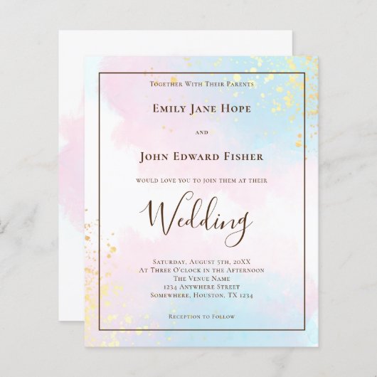 Budget Pink Aquamarin Watercolor Hochzeit Einladun (Vorne/Hinten)