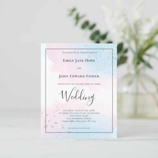 Budget Pink Aquamarin Watercolor Silver Wedite Ein (Stehend Vorderseite)