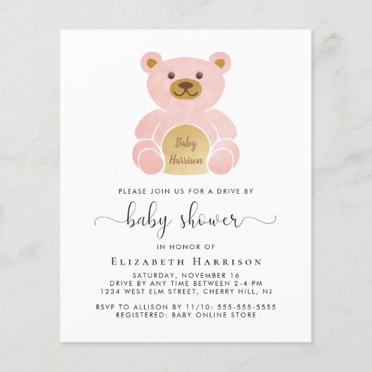 Budget Pink Bear Drive by Baby Dusche Einladung (Vorderseite)