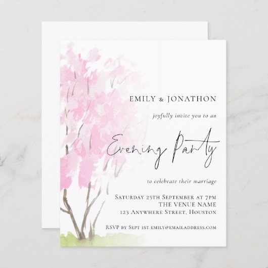 Budget Pink Blossom Wedding Abend Party Einladung (Vorne/Hinten)